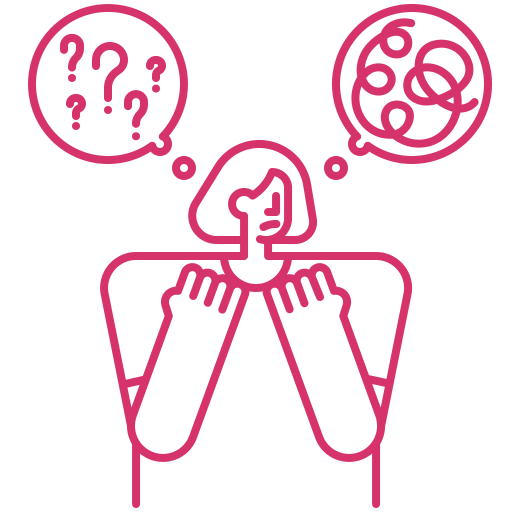 A pink illustration of a person with question marks around her head. The 'am I this, am I that' loop the Anxiety Profile helps untangle.