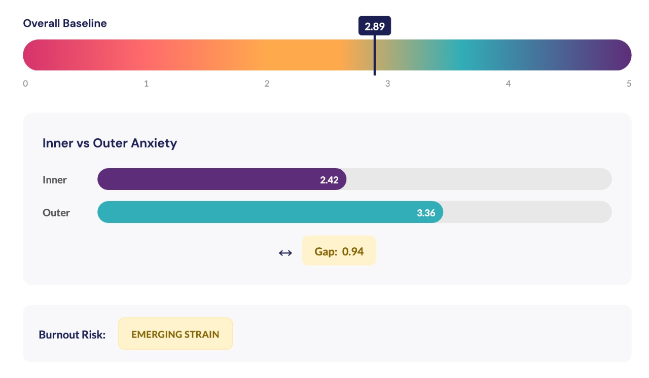 Anxiety Deep Dive output: Overall Baseline meter showing 2.89 out of 5, Inner vs Outer Anxiety bars (Inner 2.42 / Outer 3.36, Gap 0.94), and Burnout Risk indicator marked Emerging Strain.