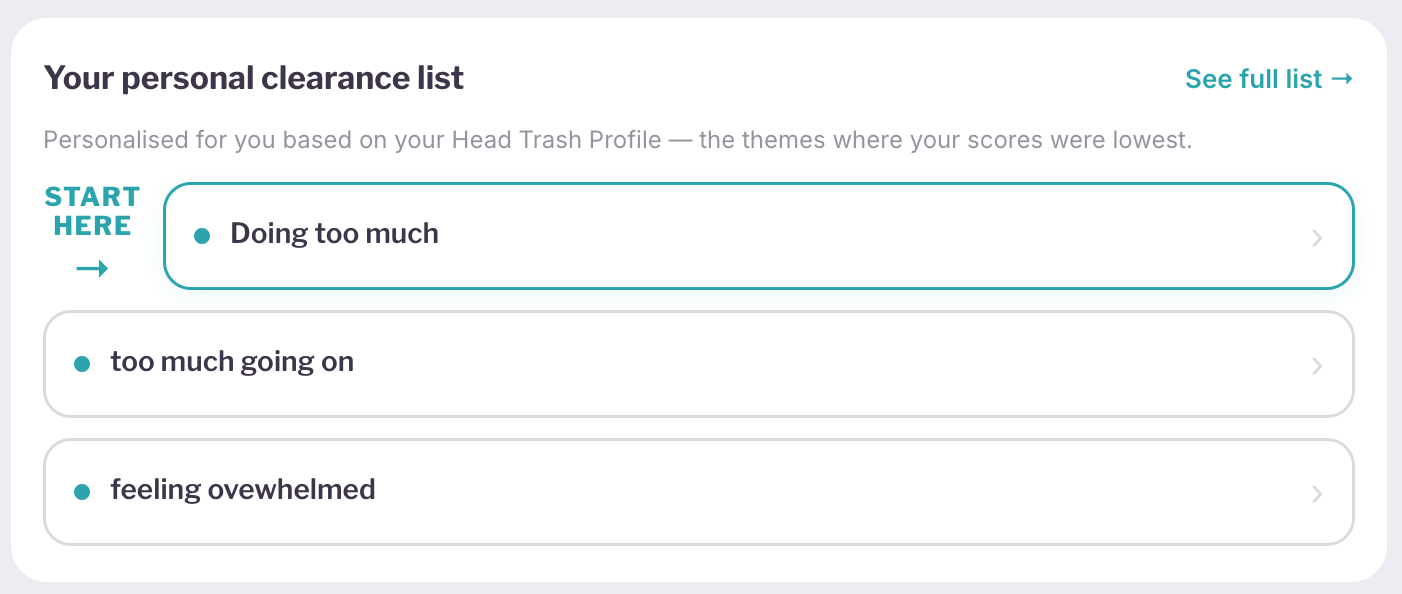 Your personal clearance list with start here flag